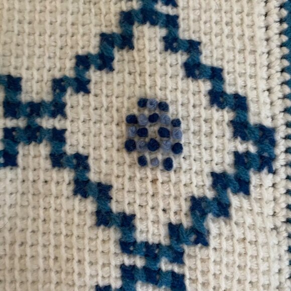 Handmade embroidered knit throw afghan blue design floral fringe 55.5"x 63" - Picture 2 of 7